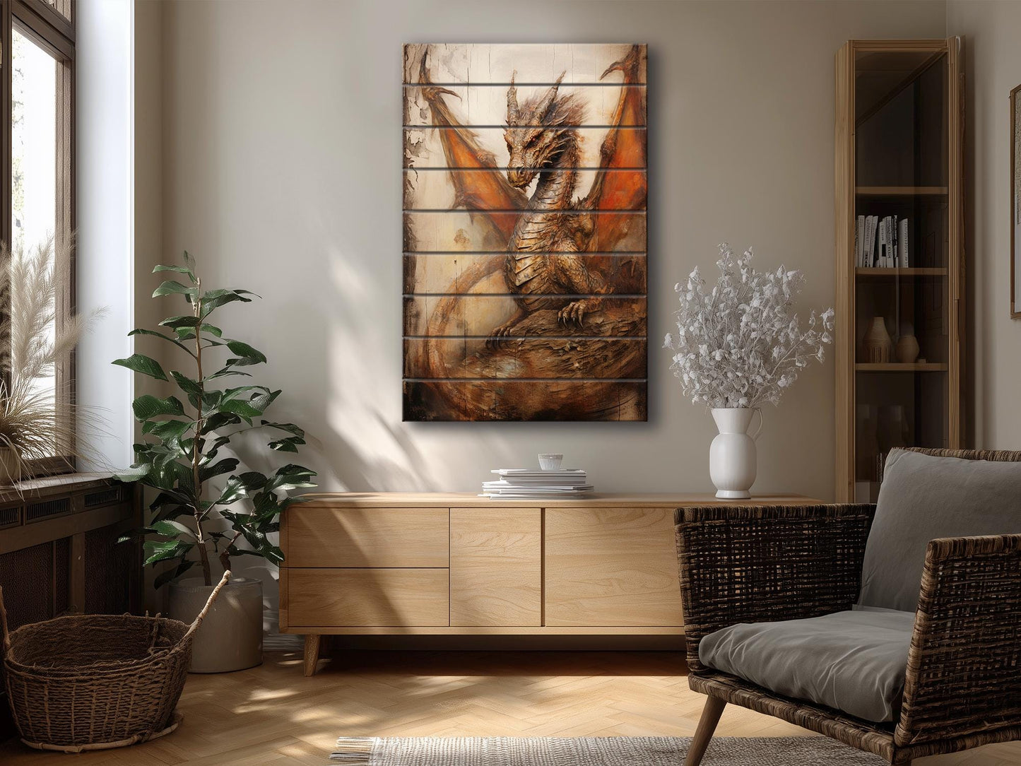 Rustic Dragon Painting – Handmade Wood Wall Art | UV Printed Natural Panel