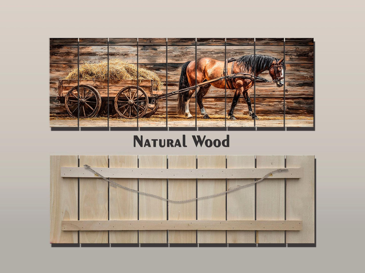 Rustic Wood Wall Art – Horse Wooden Cart with Hay | Farmhouse Wall Decor