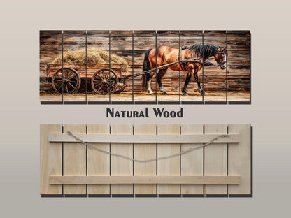 Rustic Wood Wall Art – Horse Wooden Cart with Hay | Farmhouse Wall Decor