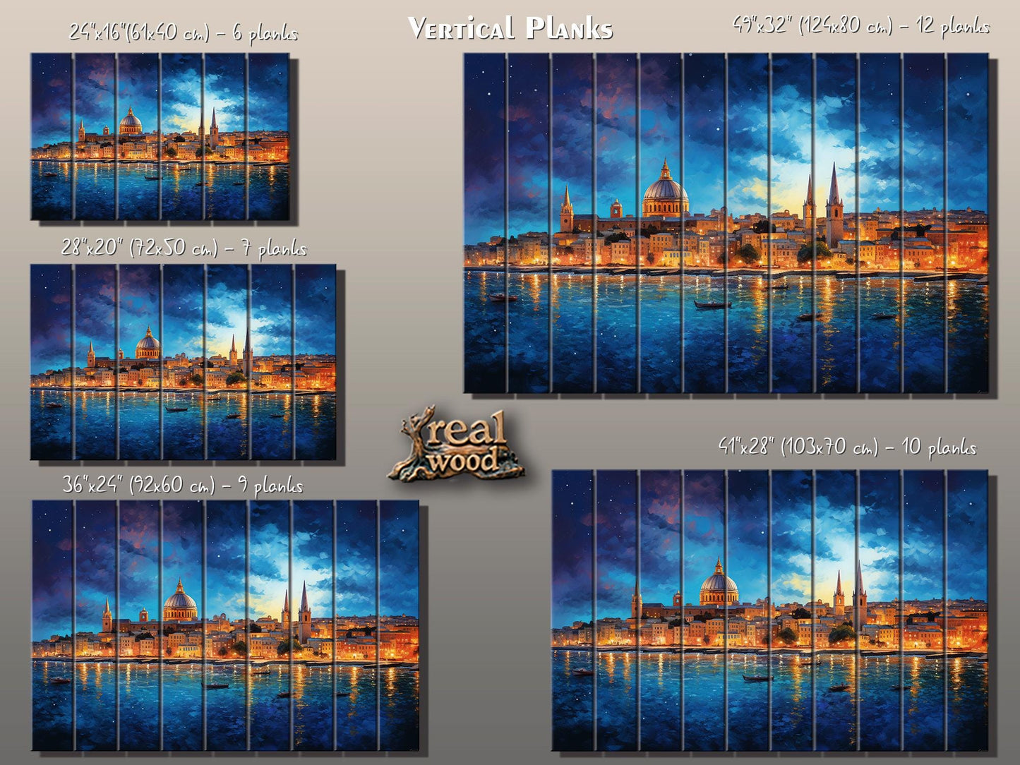 Wooden Wall Art - Rustic Valletta Skyline Print on Natural Wood Planks