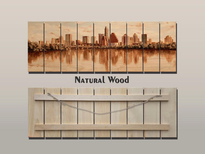Austin Skyline Wood Print – Rustic Wood Art | Beige Wall Art, River Reflections Painting