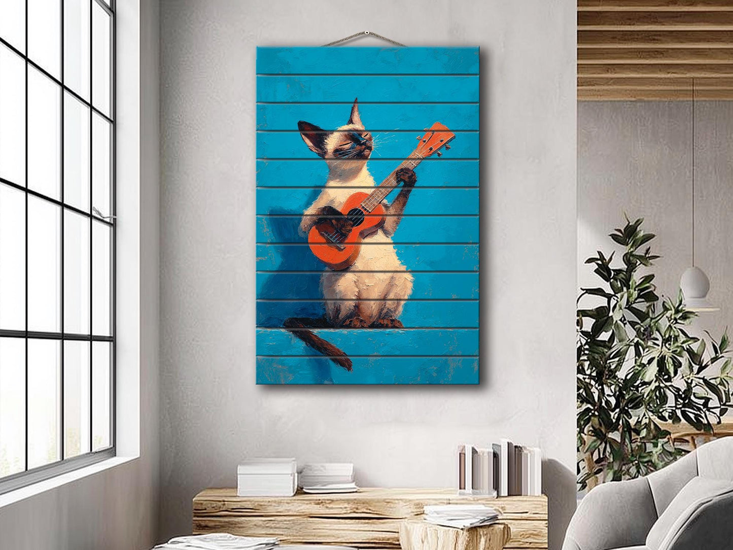 Siamese Cat Wall Art – Wood Wall Art Print of Guitar Playing Cat on Natural Wood