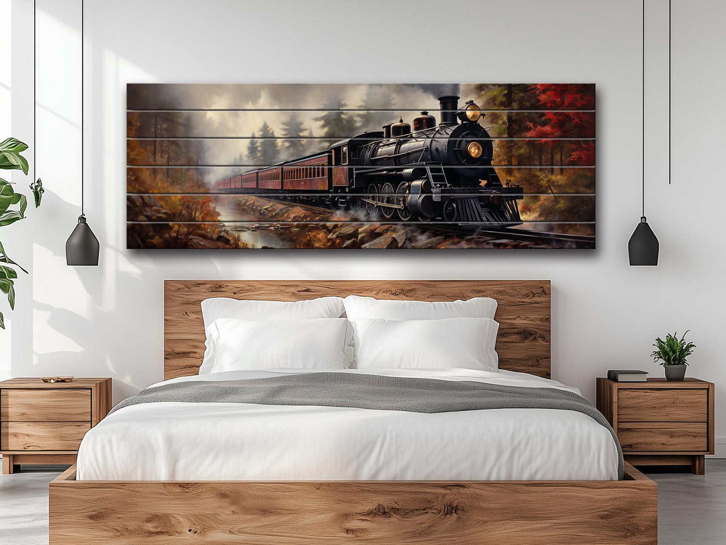 Rustic Steam Train Painting – Natural Wood Wall Art With Unique Wood Grain