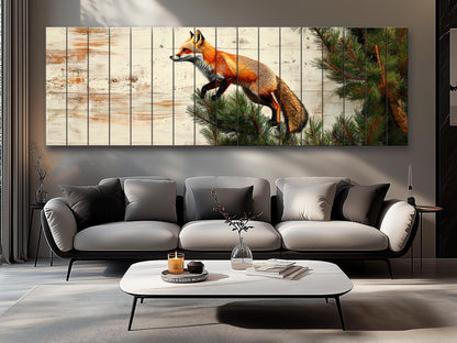Fox Wall Art – Rustic Wood Wall Art Featuring Fox on Pine Tree Print
