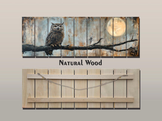 Owl Wall Art - Rustic Wood Plank Decor With Vintage Owl Painting Under Moonlight