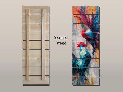 Cockfight Wall Art - Rustic Wood Decor | Vibrant Farm Scene & Bold Impasto Painting