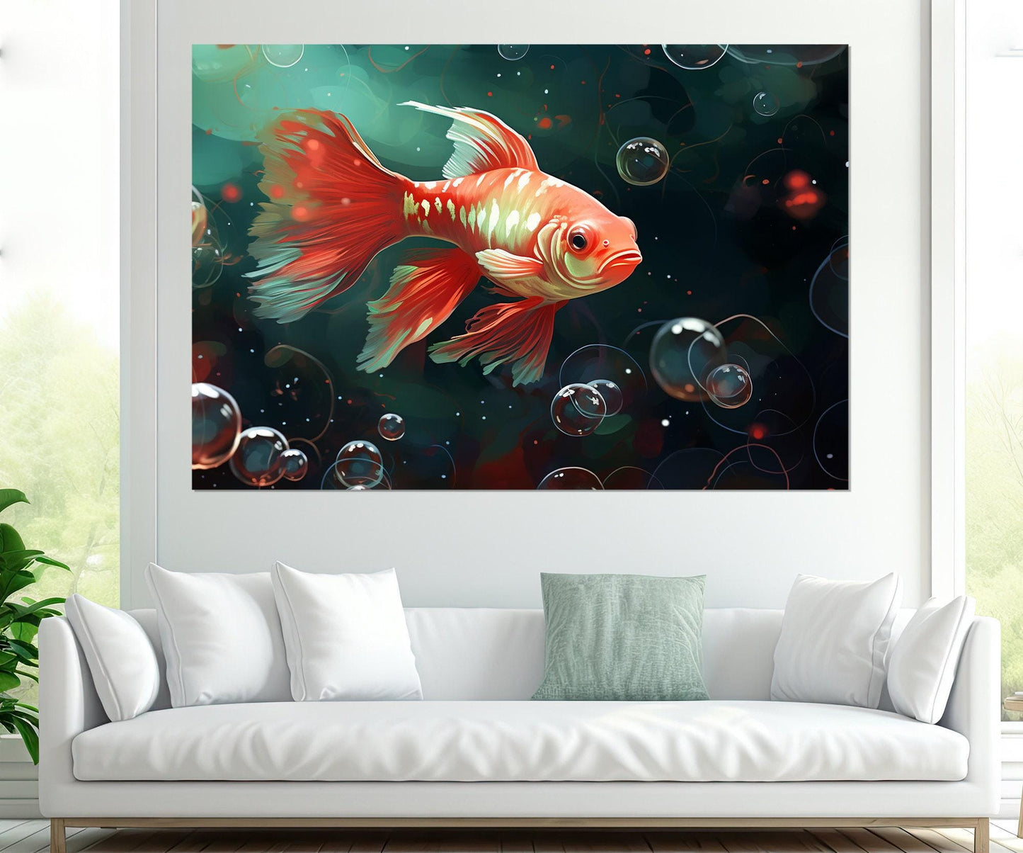 Gold Fish Wall Art – Abstract Fish Painting on Gallery Wrapped Canvas, Ready to Hang