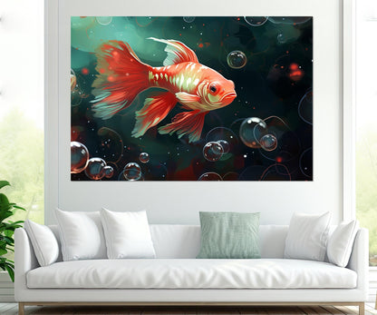 Gold Fish Wall Art – Abstract Fish Painting on Gallery Wrapped Canvas, Ready to Hang