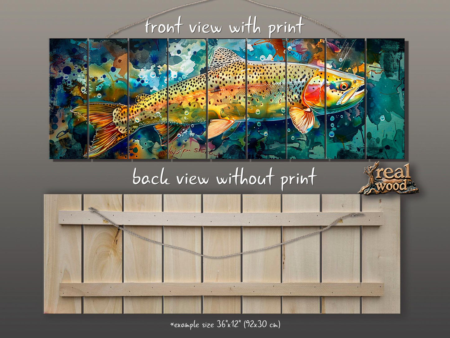 Rainbow Trout Painting Printed on Wood, Fishing Wall Art, Rustic Wood Wall Decor