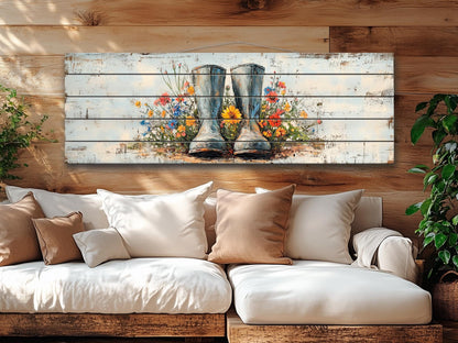 Rustic Wood Wall Art – Rain Boots Wall Art With Wildflowers Wood Print | Cozy Cabin Decoration