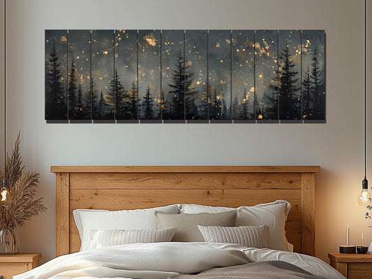 Wood Wall Art - Pine Forest Print | Starry Sky Painting on Wood Plank Art