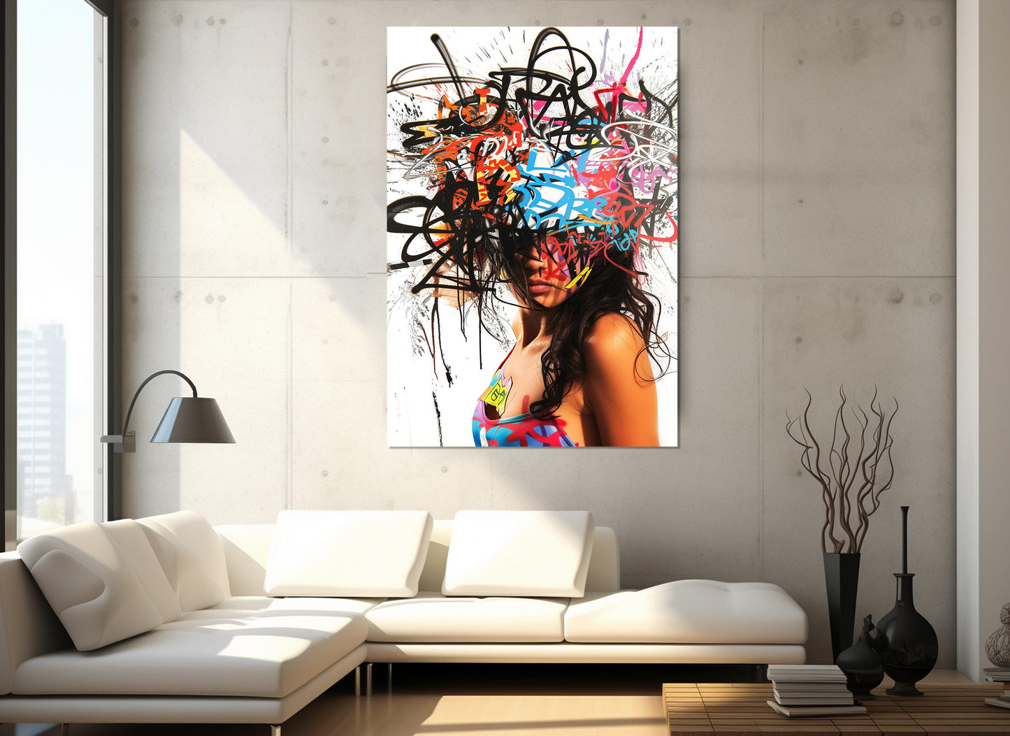 Abstract Graffiti Painting – Framed Canvas Art | Woman Portrait Poster Ready to Hang