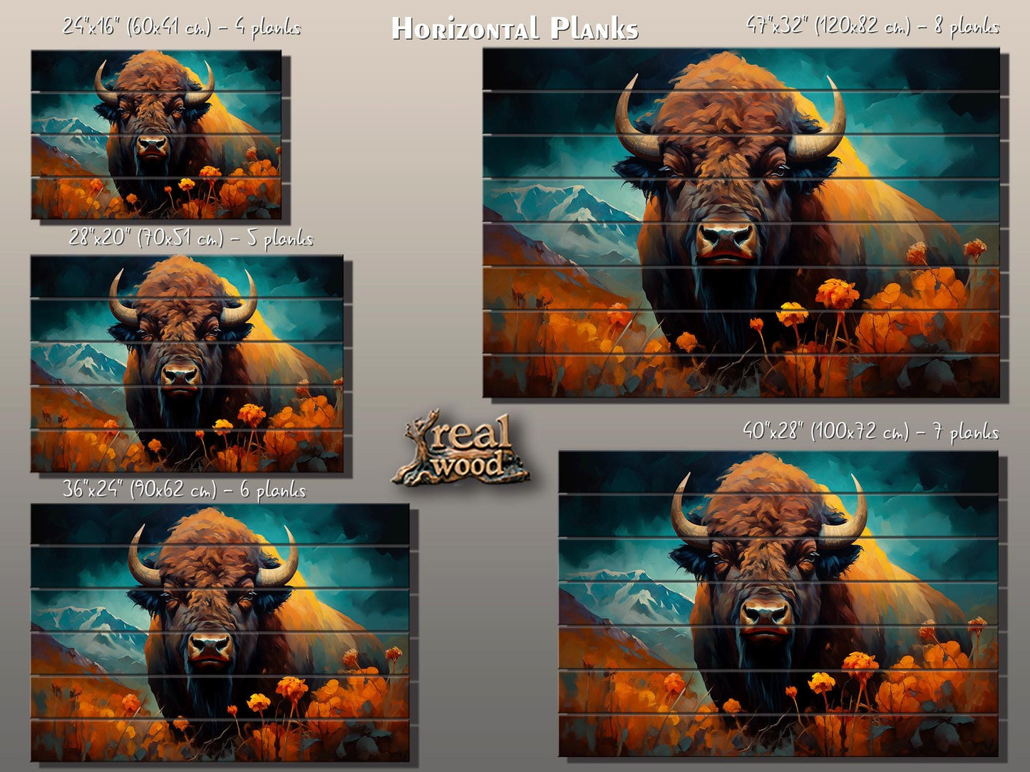 Rustic Wood Wall Art – Bison Abstract Painting on Natural Wood Planks