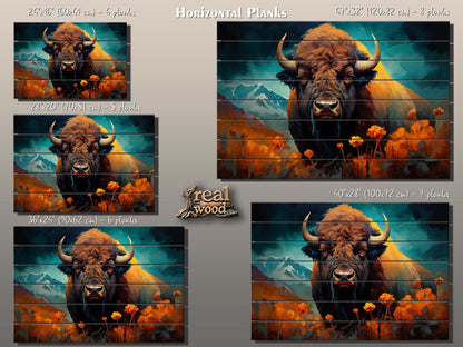Rustic Wood Wall Art – Bison Abstract Painting on Natural Wood Planks