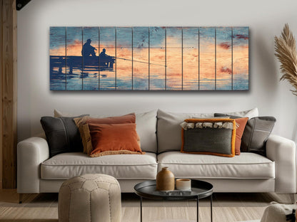 Father Child Fishing Art - Rustic Wooden Wall Art With Lake Dock Scene