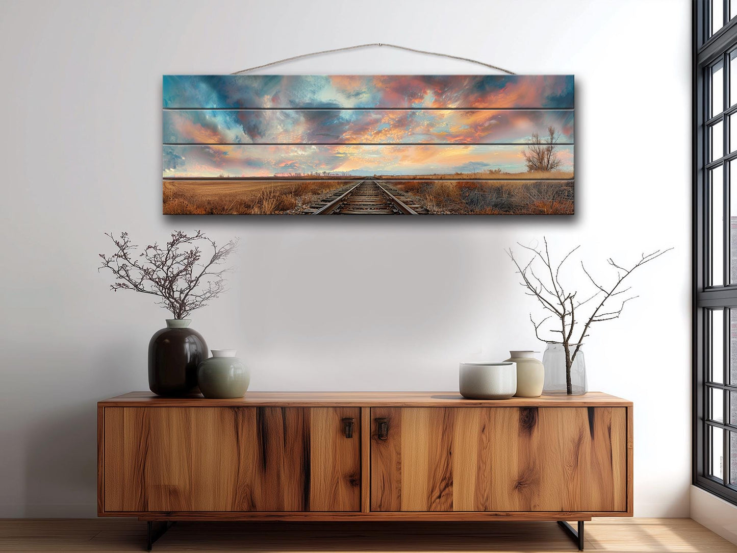 Wood Wall Art – Railway Through Field Print On Natural Wood Plank Decor