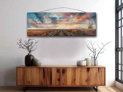 Wood Wall Art – Railway Through Field Print On Natural Wood Plank Decor