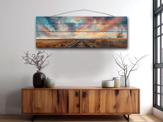 Wood Wall Art – Railway Through Field Print On Natural Wood Plank Decor