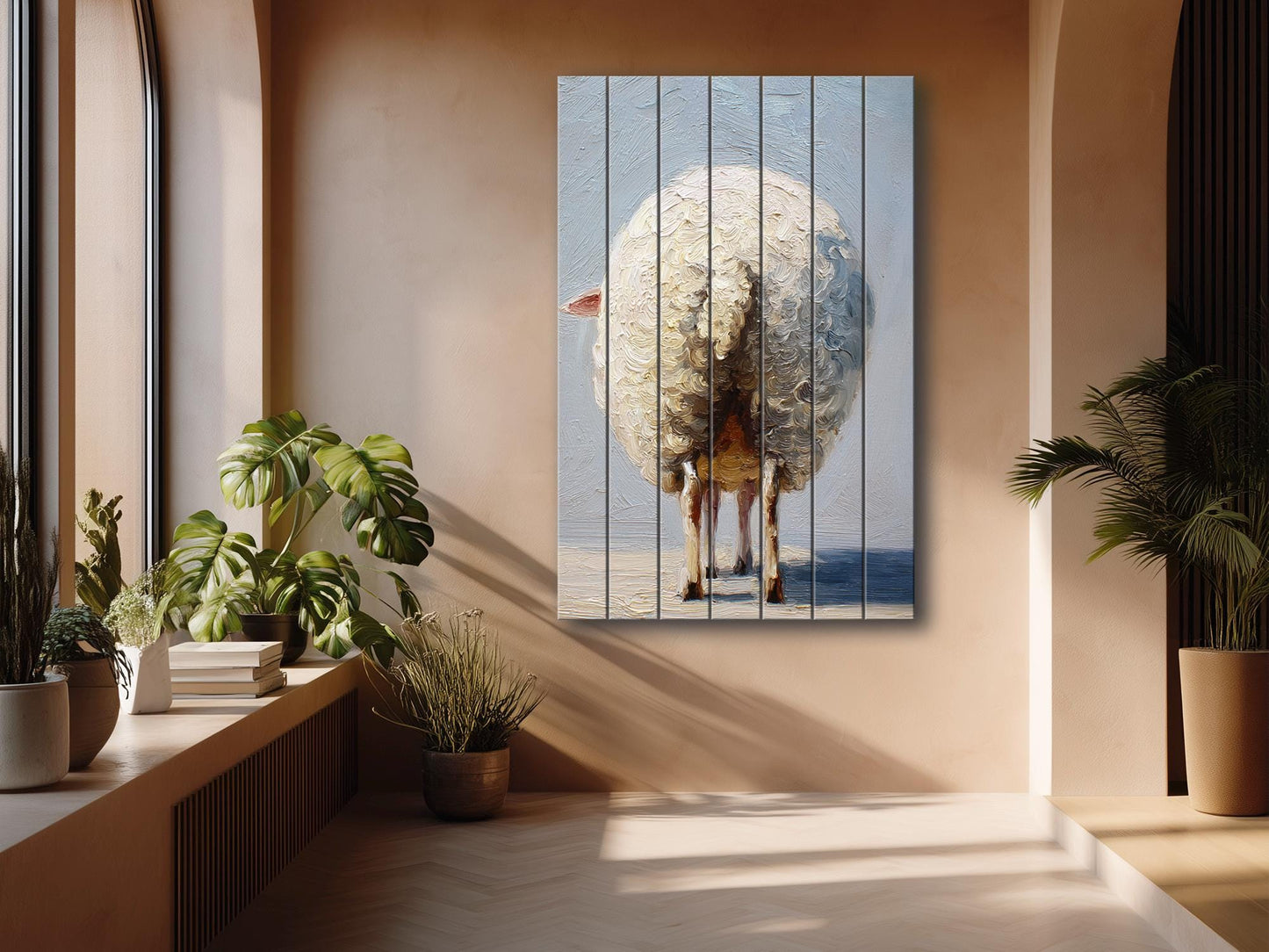 Funny Farmhouse Wall Art – Sheep Butt Print on Natural Wood Panel Decor