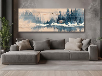 Wood Wall Art – Peaceful Snowy Landscape with Rustic Barn Print on Natural Wood