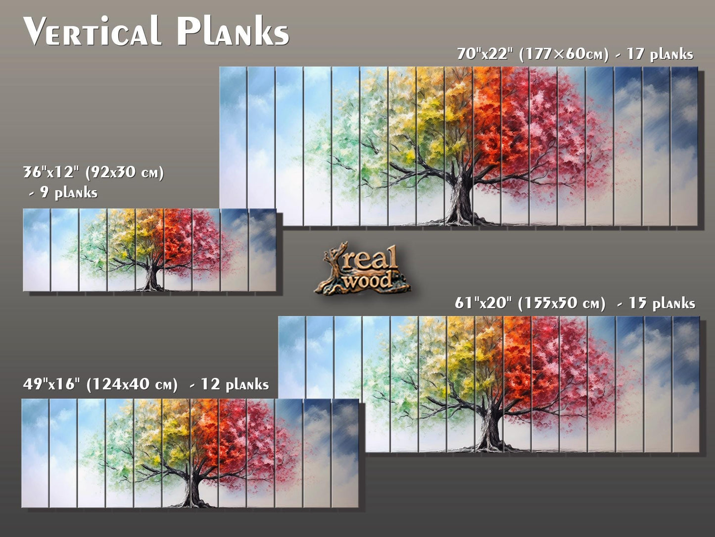 Wood Wall Art – Four Season Tree Print | Colorful Wood Art on Wooden Plank