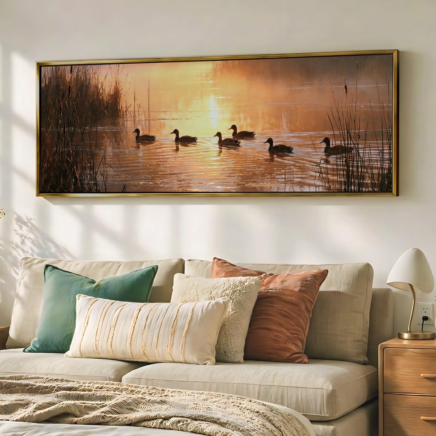 A large framed painting depicting ducks swimming on a lake at sunset, with a warm, golden glow reflecting on the water.