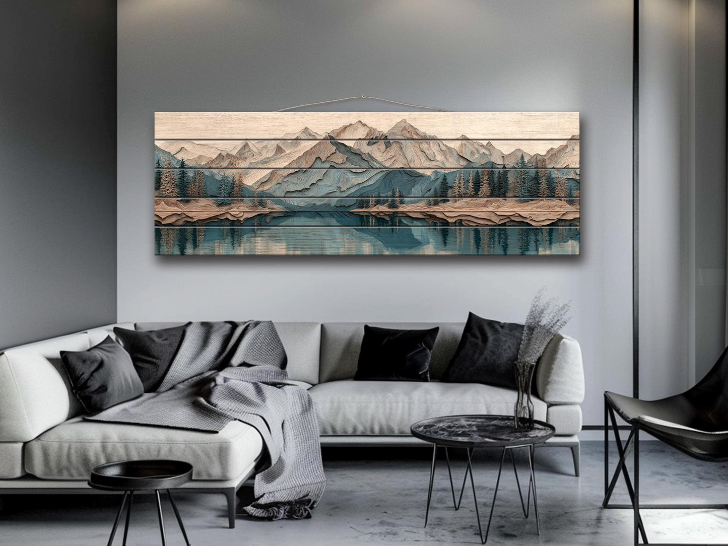 Panoramic Mountain Wood Art – Rustic Wood Decor With Layered Peaks Painting