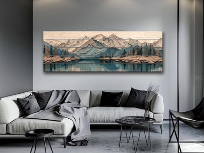 Panoramic Mountain Wood Art – Rustic Wood Decor With Layered Peaks Painting