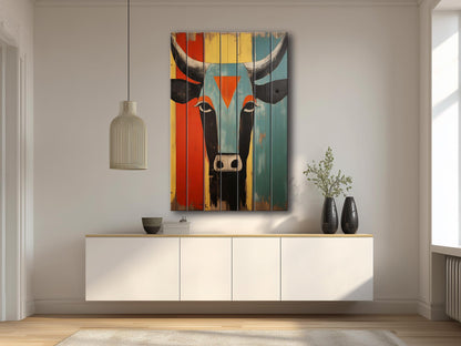 Cow Wall Decor - Abstract Cow Painting on Natural Wood Print | Egyptian Style Decor