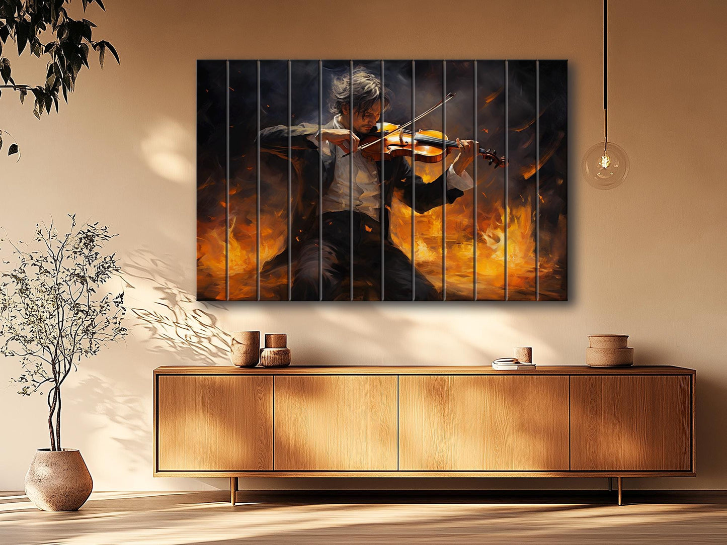 Violin Wall Art – Abstract Violinist Painting on Natural Wood Plank Art