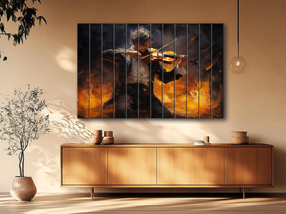 Violin Wall Art – Abstract Violinist Painting on Natural Wood Plank Art