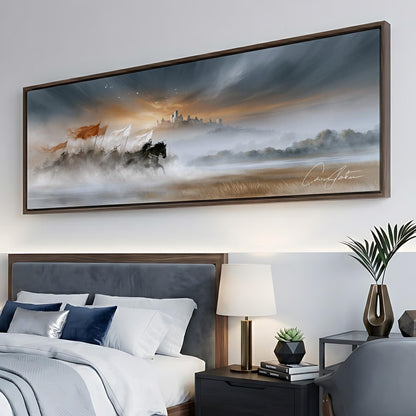 a large painting of a landscape with a horse and a castle in the distance, hanging on a wall above a bed with white bedding.