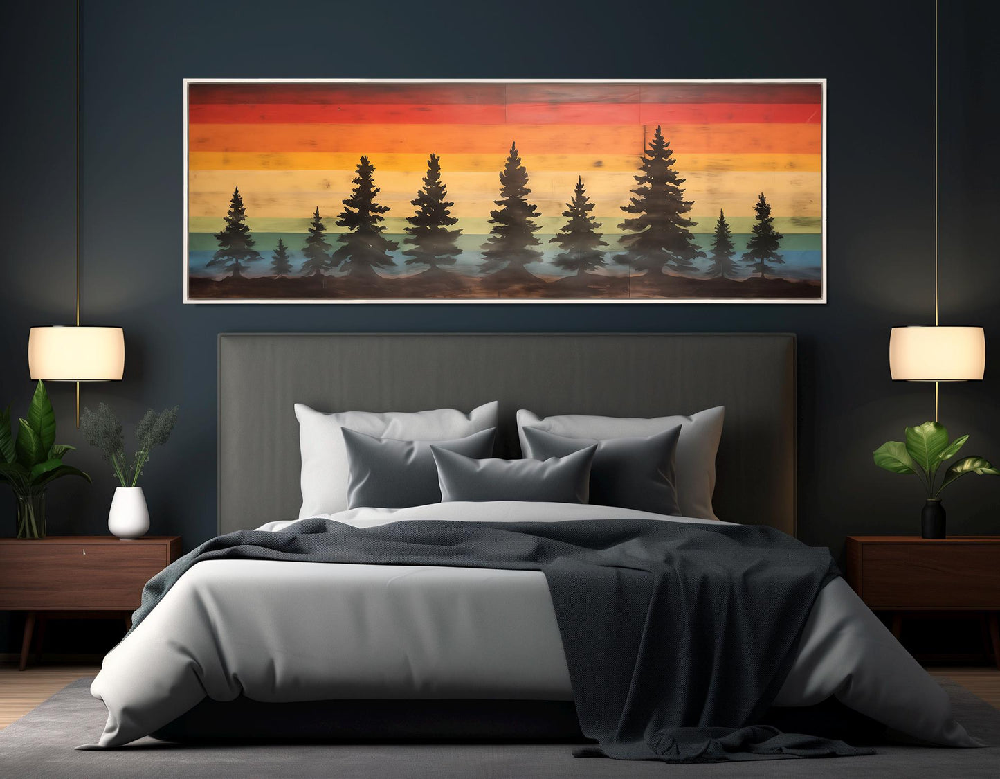 Rainbow Sunset Canvas Print – Retro Style Pine Trees Wall Art, Ready to Hang