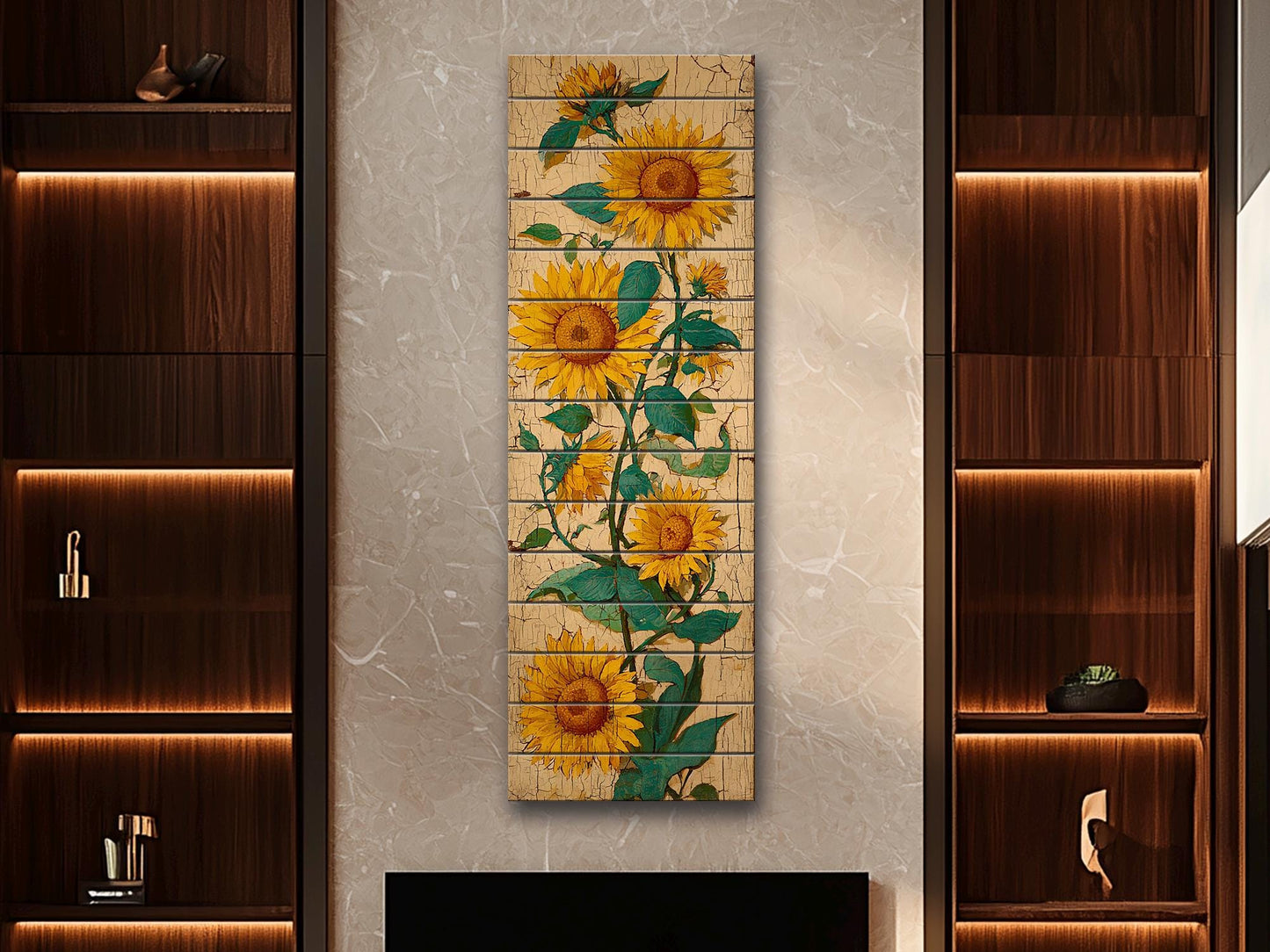 Sunflowers Wood Art – Rustic Wall Decor | Vibrant Floral Print on Natural Wood Planks