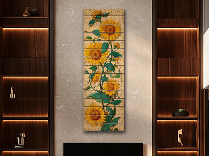 Sunflowers Wood Art – Rustic Wall Decor | Vibrant Floral Print on Natural Wood Planks
