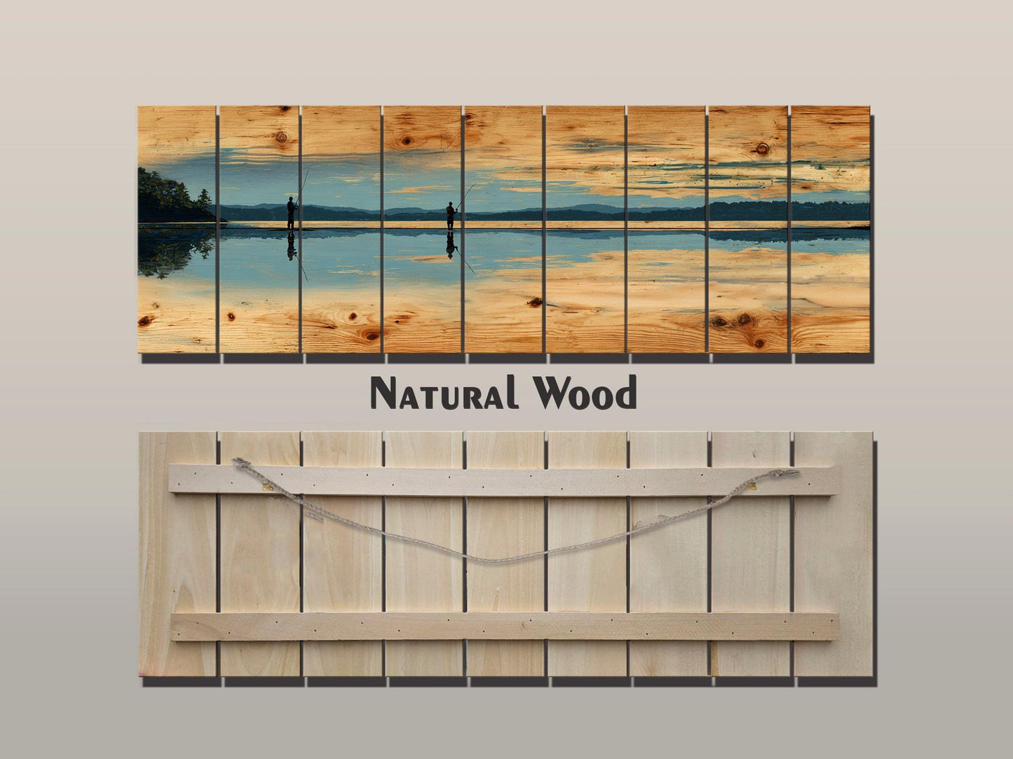 Fly Fishing Lake Print – Rustic Wood Wall Art, Panoramic Cabin Decor