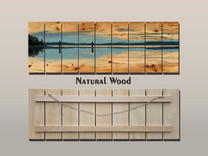 Fly Fishing Lake Print – Rustic Wood Wall Art, Panoramic Cabin Decor