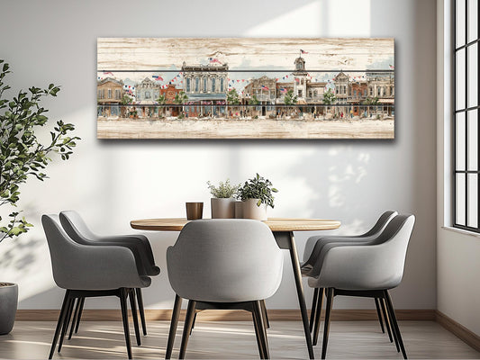 Vintage Americana Wall Art – Main Street Print on Wood with Rustic Wood Decor