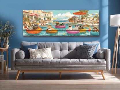 Cat Pool Party Print – Funny Summer Wall Art on Rustic Wood Decor
