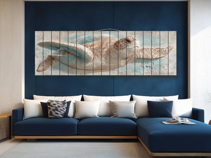 Sea Turtle Wood Art – Rustic Wood Decor | Coastal Ocean Wall Decor with Blue Beige Accents