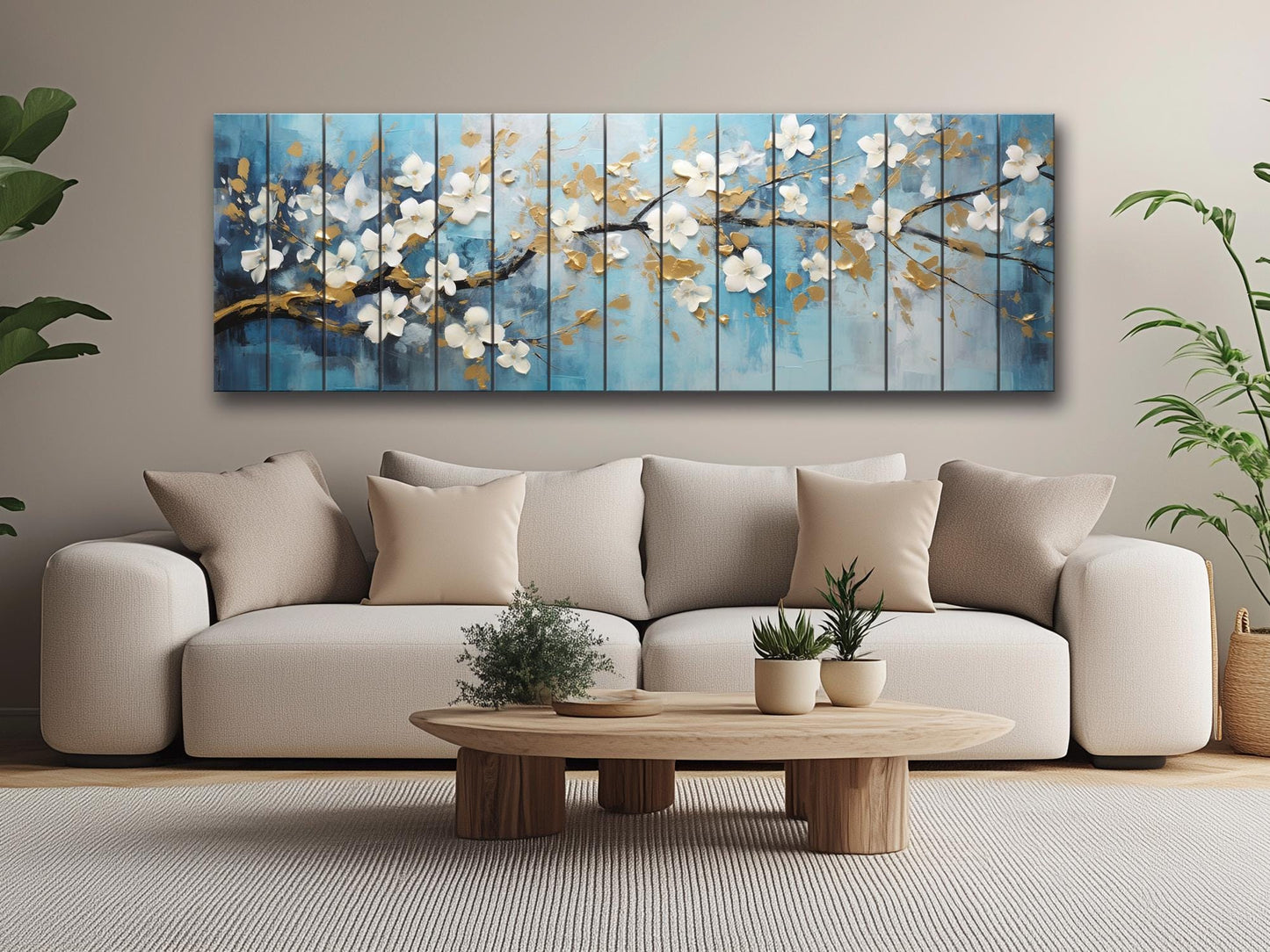 Abstract White Flowers Blossom Print On Natural Wood
