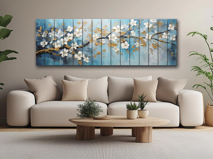 Abstract White Flowers Blossom Print On Natural Wood
