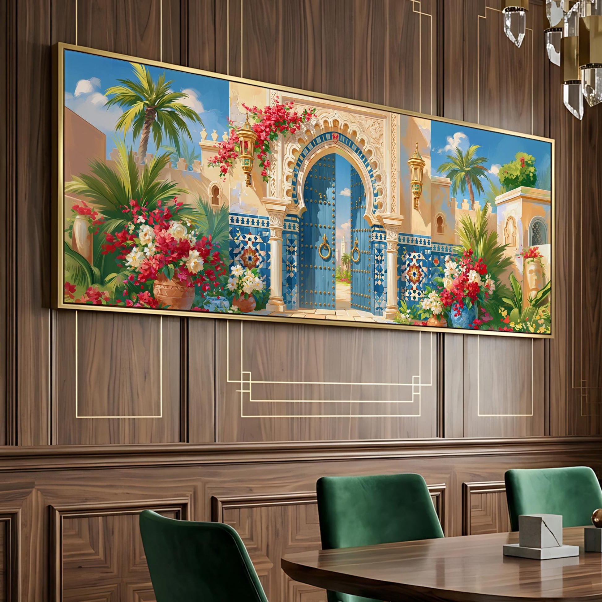 a large, colorful painting of an ornate, arched doorway set against a tropical landscape, hanging on a wooden wall above a dining table with green chairs.