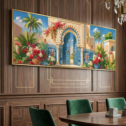 a large, colorful painting of an ornate, arched doorway set against a tropical landscape, hanging on a wooden wall above a dining table with green chairs.