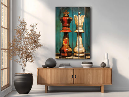 King Queen Chess Art - Rustic Wooden Chess Print On Natural Wood, Ready To Hang
