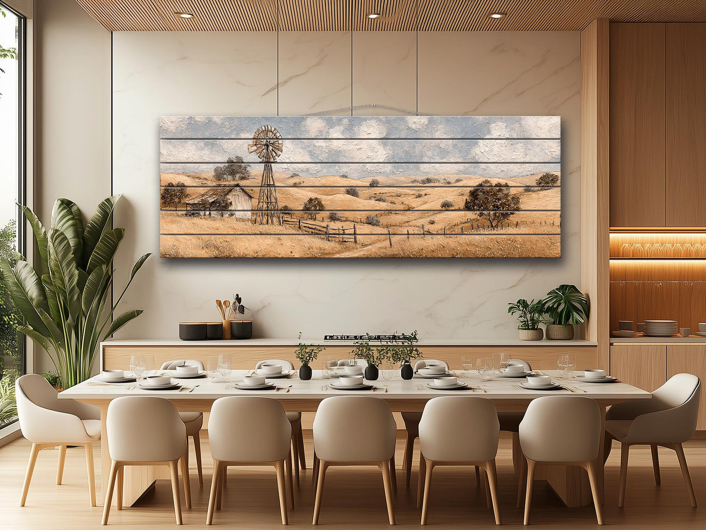 Rustic Farmhouse Wall Art - Wooden Windmill Panoramic Wood Print Decor