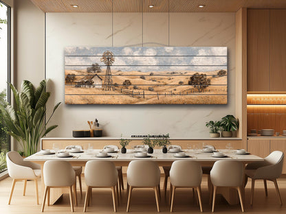 Rustic Farmhouse Wall Art - Wooden Windmill Panoramic Wood Print Decor