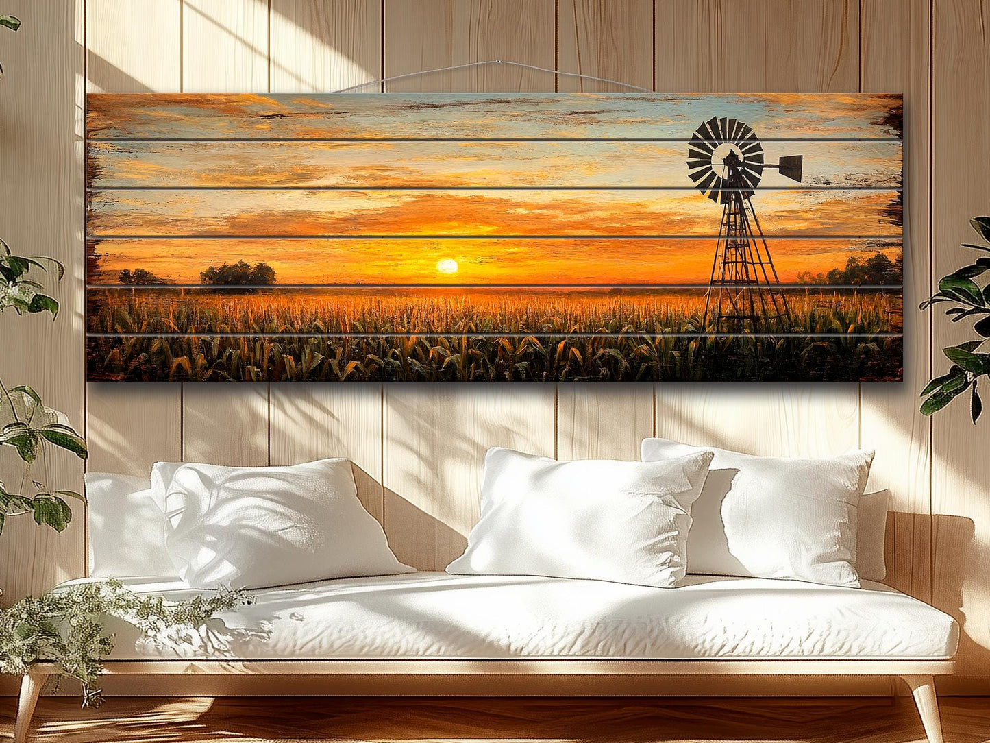 Rustic Wood Print | Abstract Sunset Cornfield Wall Art - Farmhouse Decor
