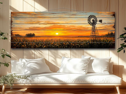 Rustic Wood Print | Abstract Sunset Cornfield Wall Art - Farmhouse Decor