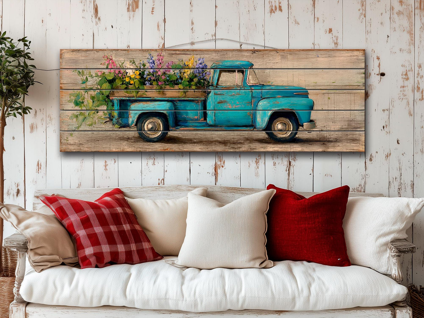 Rustic Wood Wall Art – Vintage Truck Print with Blue Flowers on Wood